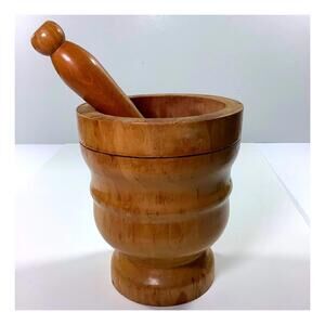 Vintage hand turned wooden Mortar and Pestle set, Made in Italy,